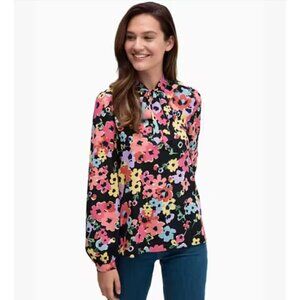 Kate Spade Floral Bouquet Blouse Medium Black Ruffle Collar Tie Front Blouse